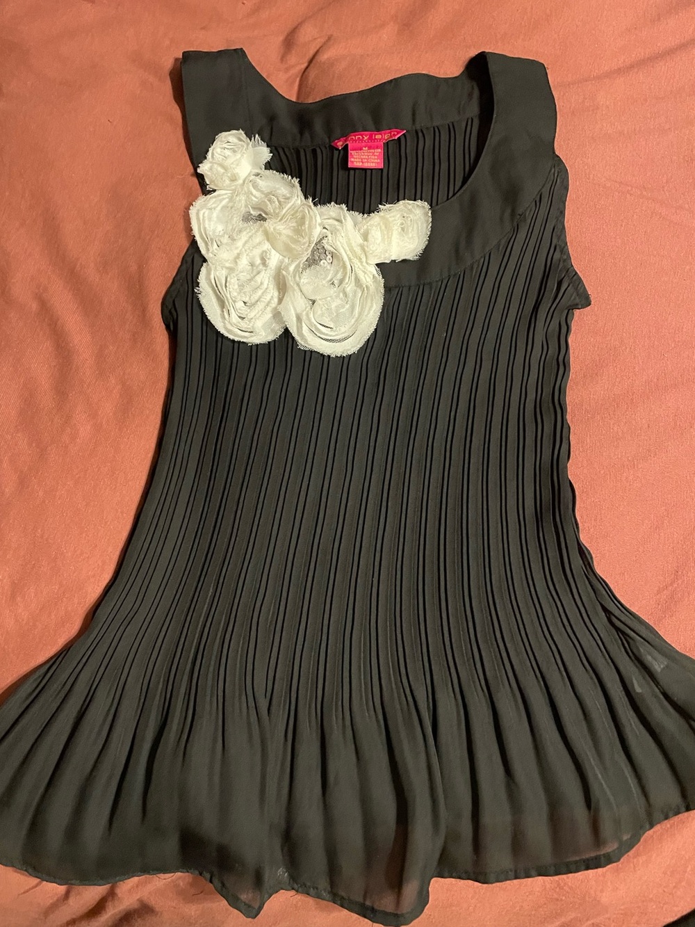Sunny Leigh Black Pleated Shirt with Cream Floral Appliqué